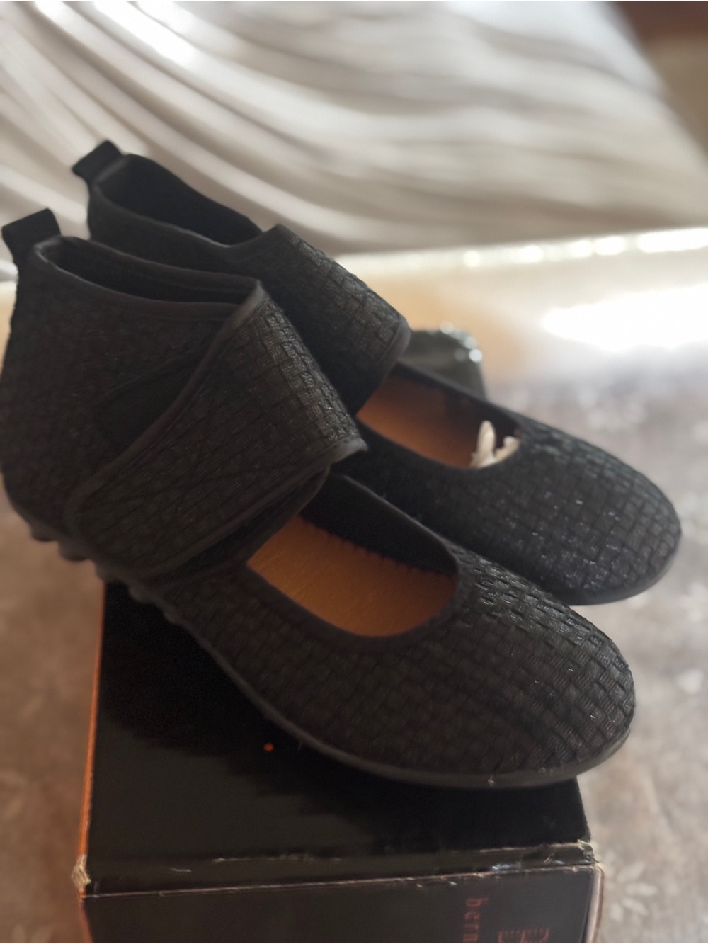 Bernie Mev Vergara Black Metallic Mary Jane Shoes with Hook & Loop Strap size 38